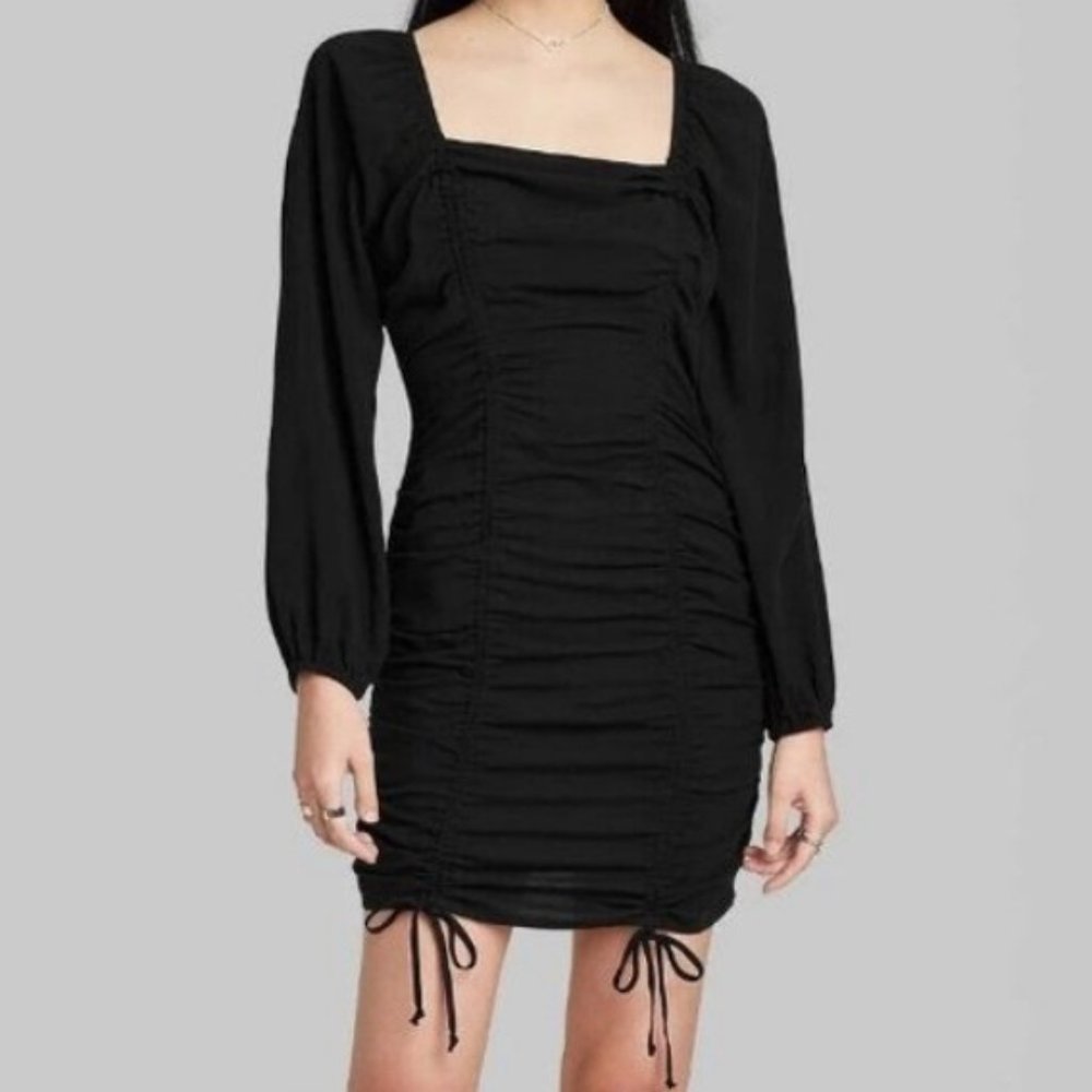 Wild Fable Puff Long Sleeve Double Ruched Dress, Black